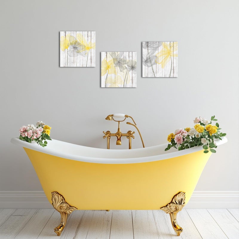 Zlove Yellow Bathroom Decor, Yellow and Grey Wall Decor - Modern Canvas Wall Art Flower Pictures for Bathroom Bedroom,12"x12" - Image 4